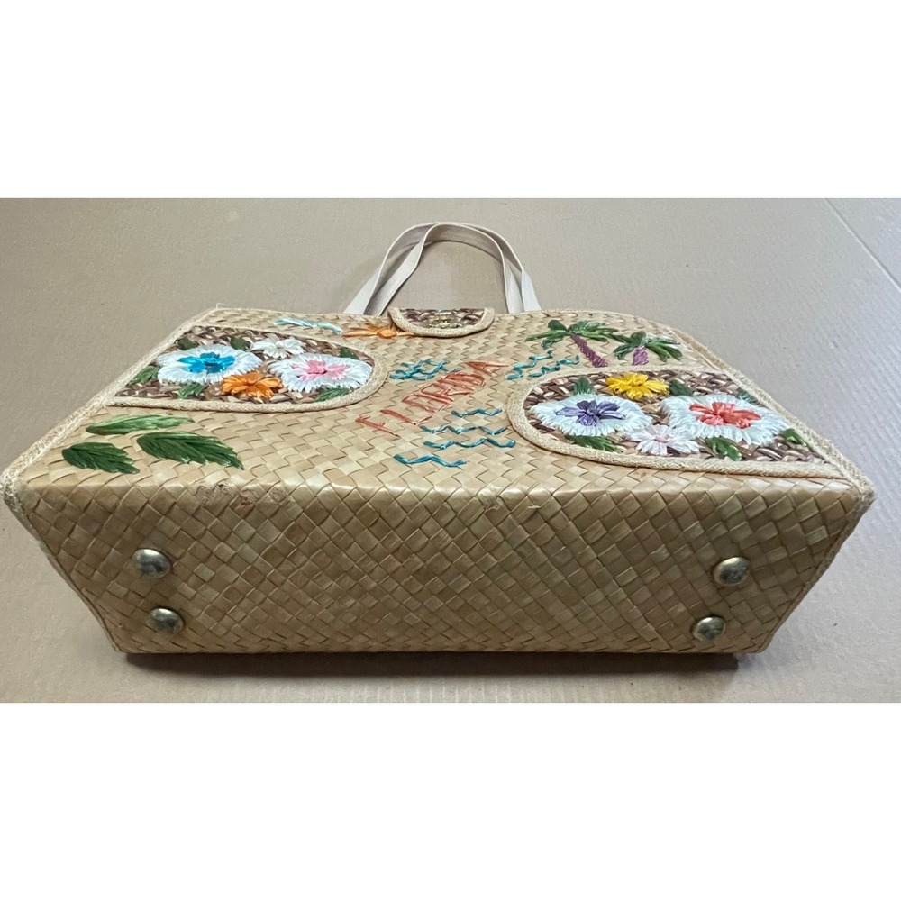 Vintage Mid Century Straw "Florida" Lined Souvenir Embroidered Tote 1950s 1960s - Picture 6 of 14